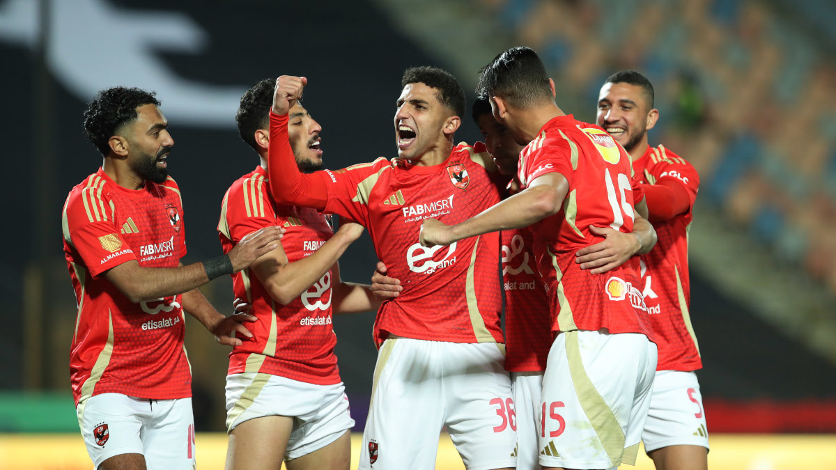 Ashraf Ben Sharki of Al Ahly celebrates goal during the Nile Premier League match between Al Ahly and Zamalek in Cairo, Egypt on 22 February 2025 ©Weam MostafaBackpagePix