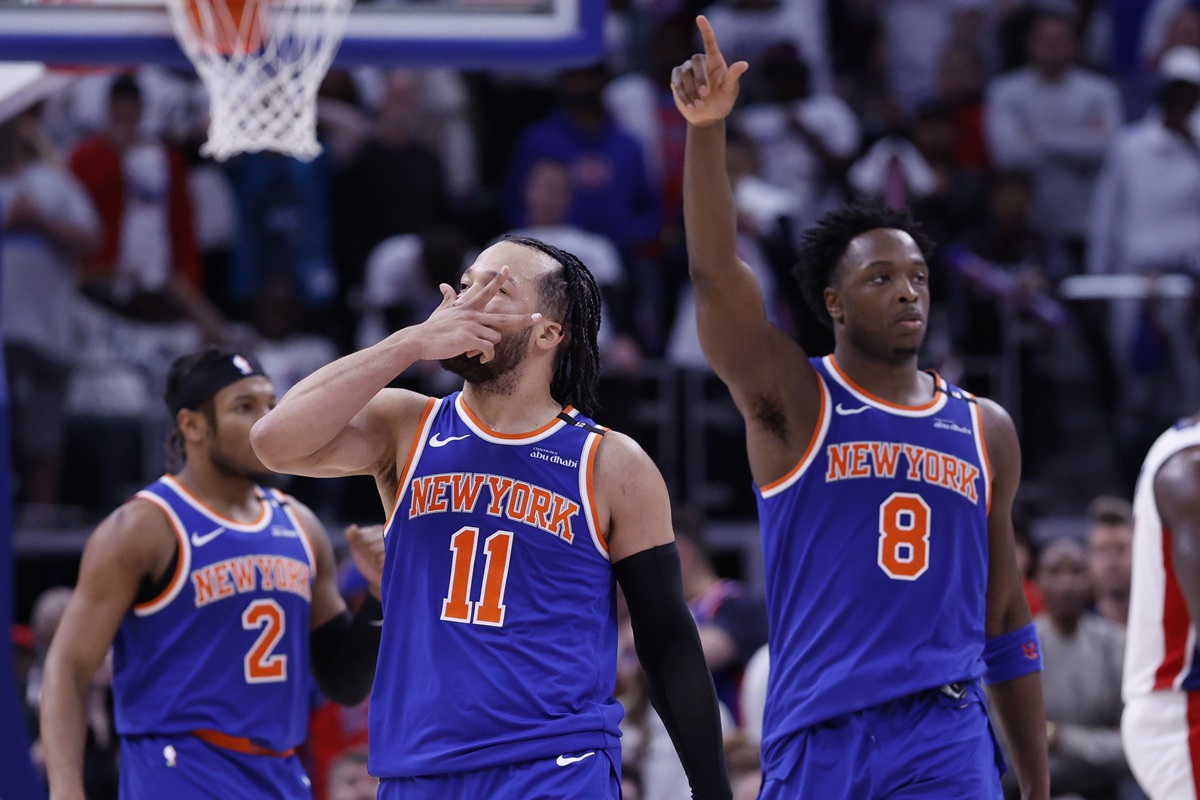 May 1, 2025; Detroit, Michigan, USA; New York Knicks guard Jalen Brunson (11) celebrates his three point basket in the fourth quarter against the Detroit Pistons during game six of first round for the 2024 NBA Playoffs at Little Caesars Arena. Mandatory Credit: Rick Osentoski-Imagn Images